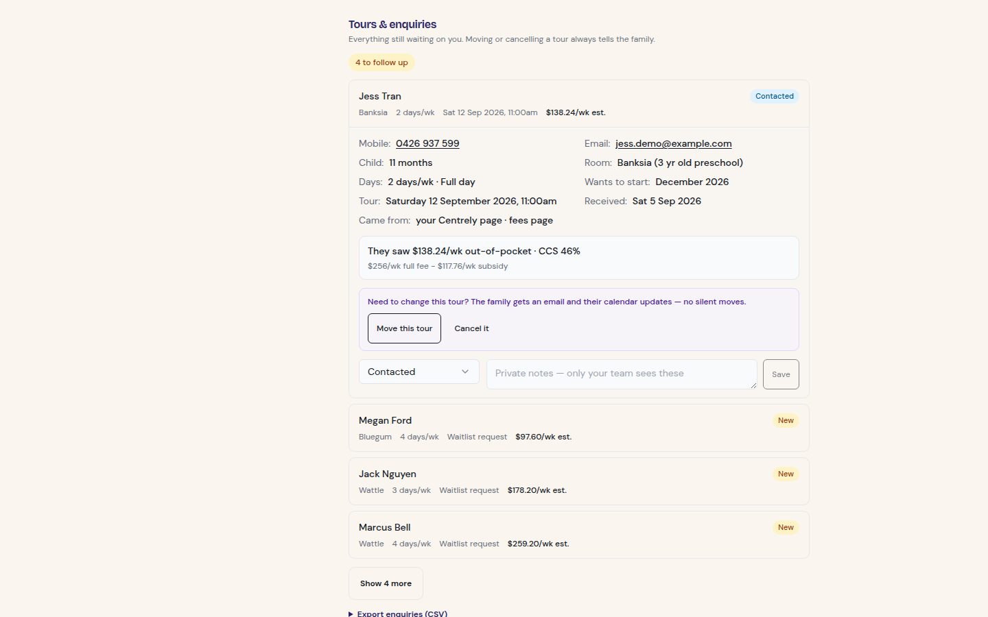 One booking open on the Centrely bookings board: the family's name and contact details, the child's age, when they want to start, the matched room with its age range, the days and session they want, the booked tour time, where the enquiry came from, and the after-subsidy figure they were shown.